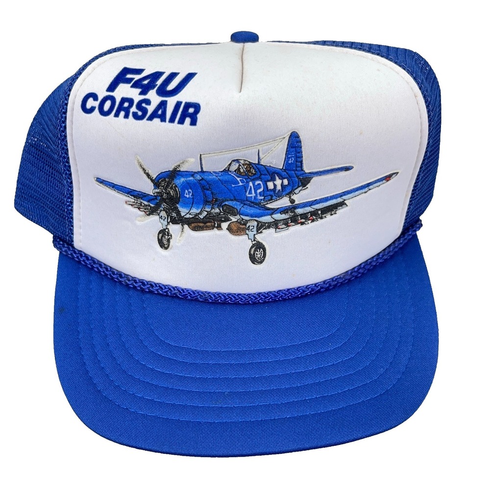 Vintage F4U Corsair Trucker Hat Cap Snapback Blue White Air Plane 90s Rope Mesh